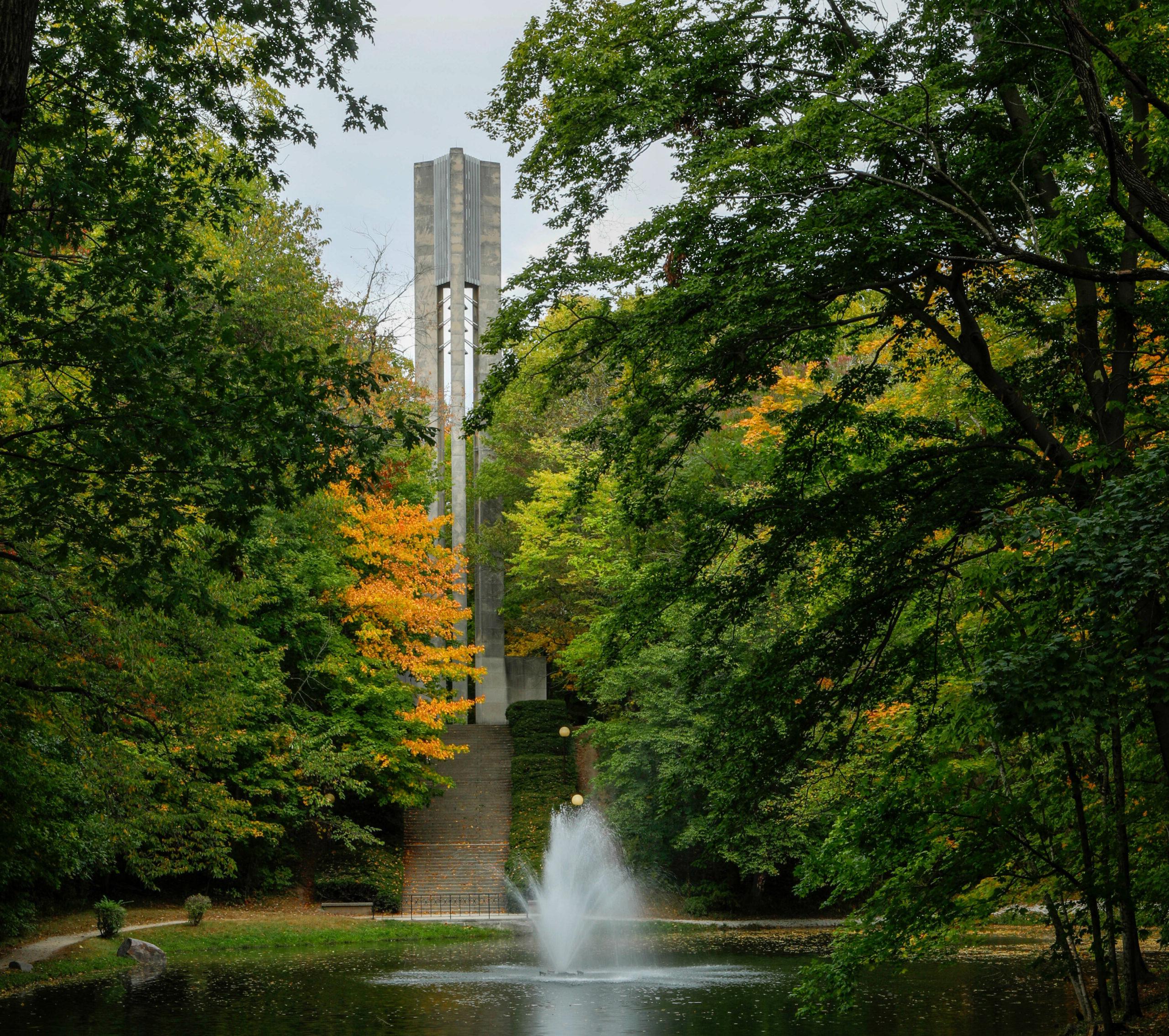 Photo of tower and water fountain at Butler University